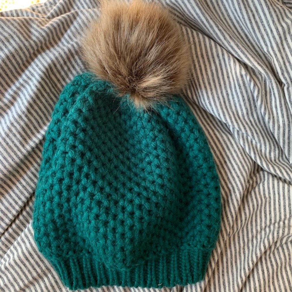 Green Knit Beanie with Furry Pom Pom